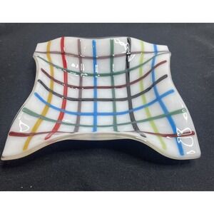 FUSED ART GLASS DISH TRAY RAINBOW COLORS GEOMETRIC PATTERN 7.5"‎ SQUARE SHAPED